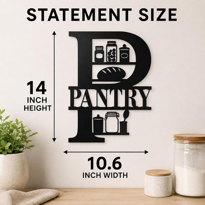 Pantry Metal Wall Decor, Farmhouse Kitchen Pantry Sign, 14 Inch | 14-inch matte black metal pantry sign with pre-drilled holes for farmhouse, rustic, modern, or industrial kitchen decor.