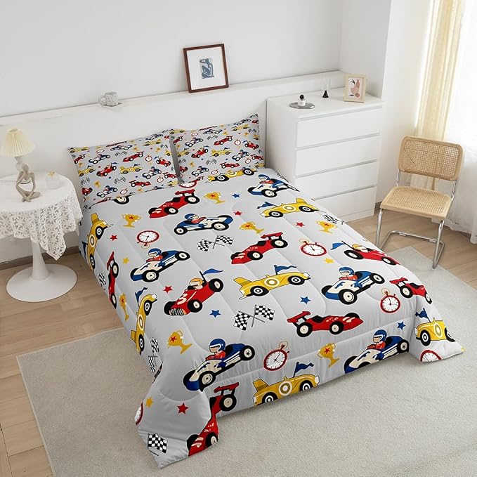 Feelyou Kids Cartoon Car Comforter Set King Size Racing Car Bedding Set for Boys Girls Teen Kids Children Home Decor Racing Car Comforter Race Cars Quilt Bed Set Red Grey Bedding Set for All Season