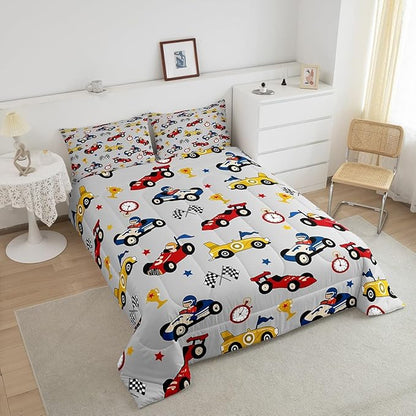 Feelyou Kids Cartoon Car Comforter Set King Size Racing Car Bedding Set for Boys Girls Teen Kids Children Home Decor Racing Car Comforter Race Cars Quilt Bed Set Red Grey Bedding Set for All Season