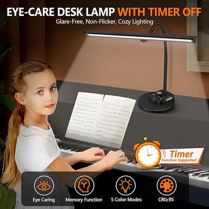 Piano Light for Grand / Upright Piano, Upgraded LED Piano Lamp with 5 Color Modes & USB Charging Port, Dimmable Gooseneck Piano Desk Lamp, Auto-Off Timer, Music Stand Light, Home Office Table Light
