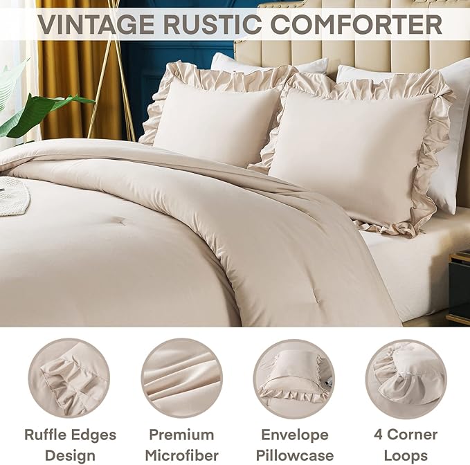 Andency Khaki Queen Comforter Set, 3 Pieces Farmhouse Shabby Chic Bedding Set for Queen Bed, All Season Soft Lightweight Microfiber Bed Set for Men Women