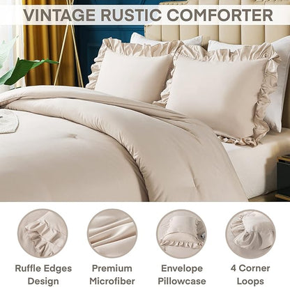 Andency Khaki Queen Comforter Set, 3 Pieces Farmhouse Shabby Chic Bedding Set for Queen Bed, All Season Soft Lightweight Microfiber Bed Set for Men Women