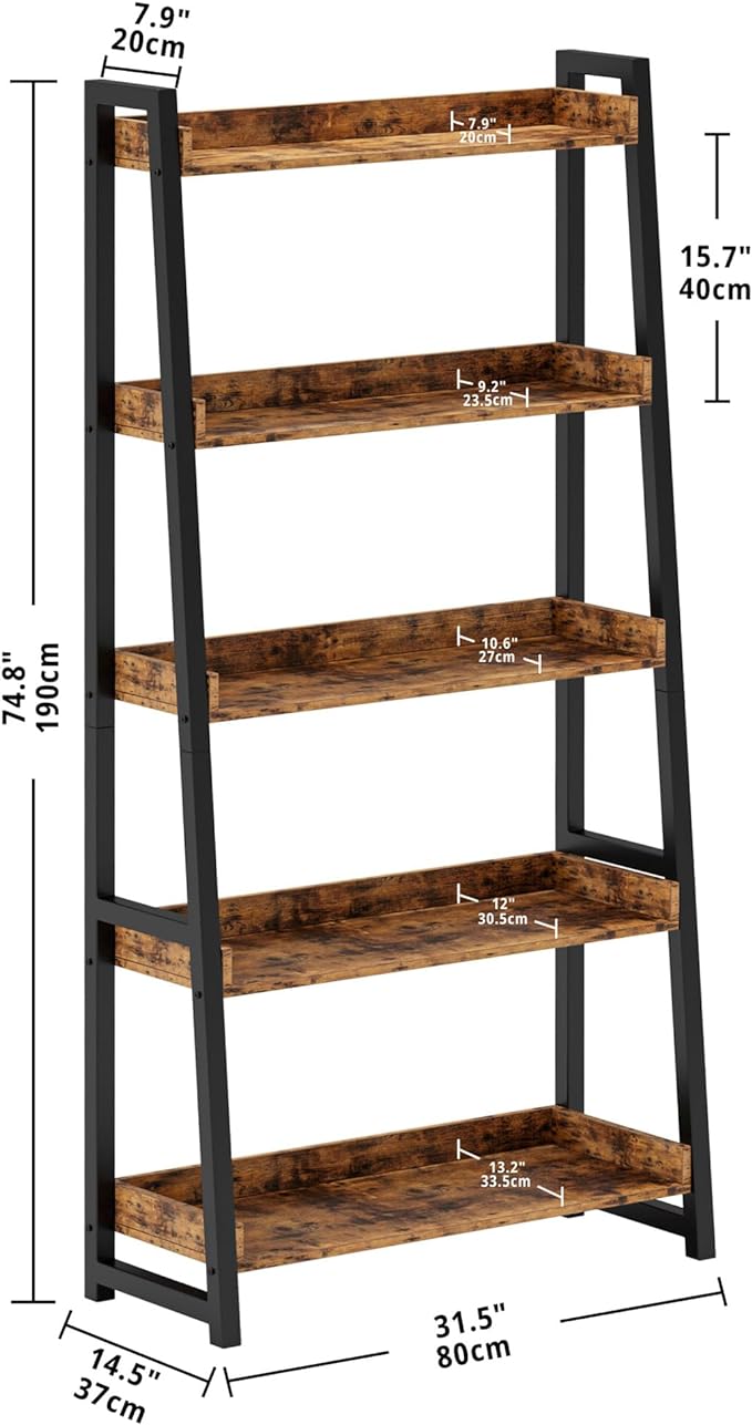IRONCK Industrial Bookshelf 5-Tier 31.5in Wide, Bookcase Ladder Shelf, Storage Shelves Rack Shelf Unit, Accent Furniture Metal Frame, Home Office Furniture for Bathroom, Living Room