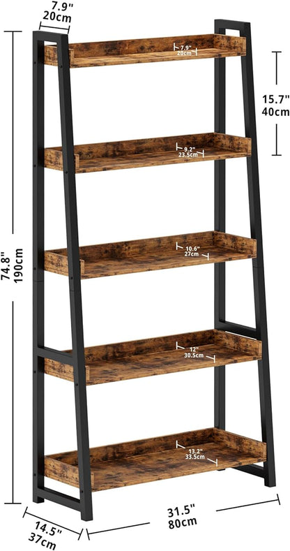 IRONCK Industrial Bookshelf 5-Tier 31.5in Wide, Bookcase Ladder Shelf, Storage Shelves Rack Shelf Unit, Accent Furniture Metal Frame, Home Office Furniture for Bathroom, Living Room