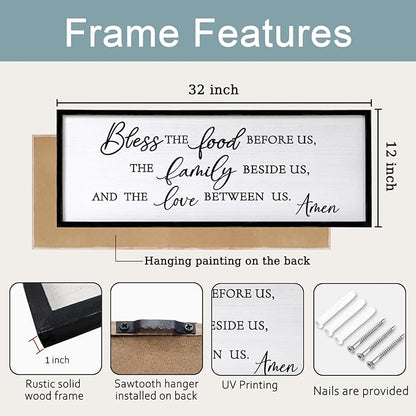 Bless the Food Before Us, the Family Beside Us, and the Love between us Framed Wall Art for Christian God Jesus Christ Prayer, 32''×12'' Positive Holy Religious Rustic Bible Verse for Dining Room