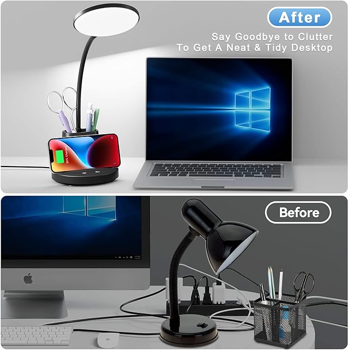 Sailstar Desk Lamp, Desk Lamps for Home Office with Wireless Charger & Pen Holder, 800 Lumens Gooseneck 3 Modes Dimmable Touch Circular LED Desk Light, Small Desk Lamp for College Dorm Room, Black