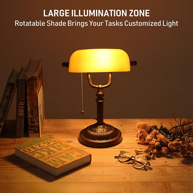 TORCHSTAR Bankers Desk Lamp with Pull Chain Switch, Amber Glass Shade Desk Lamps, Bronze Base, UL Listed, E26 Base, Vintage Library Lamp for Office, Study Room(Matted Orange)