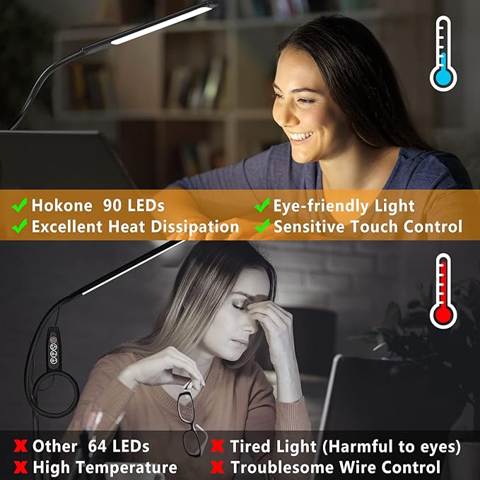 Desk Lamps for Home Office, 10W Clamp Lamp Dimmable Gooseneck Lamp Touch Control, Adjustable Desk Light for Workbench Tabletop (Black)