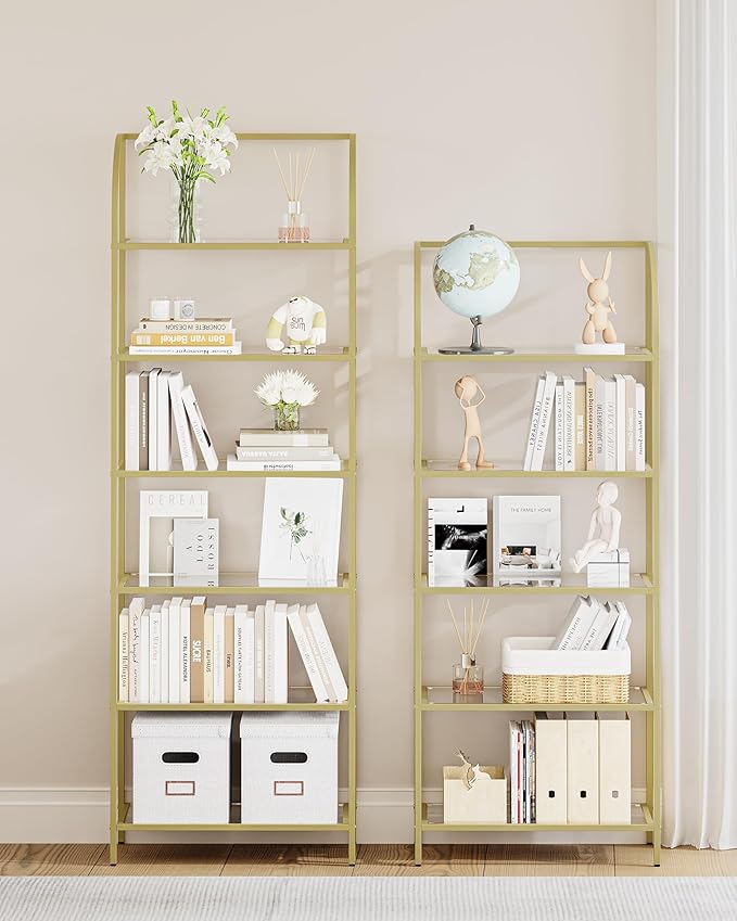 Bookcase Bookshelf, Tempered Glass Arched Bookshelf for More Storage, Slim Shelving Unit for Bedroom, Bathroom, Home Office, Steel Frame, Wide 5 Tier Gold BC22599G