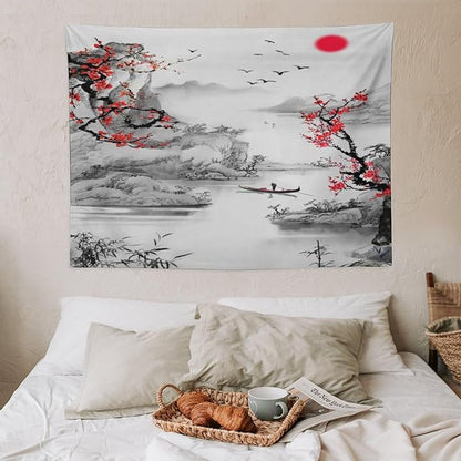 Cherry Blossoms Tapestry, Japanese Red Landscape Watercolor Abstract Art, Asian Japanese Wall Tapestry, Nature Landscape Tapestries for Bedroom Living Room Decor 40"x30"