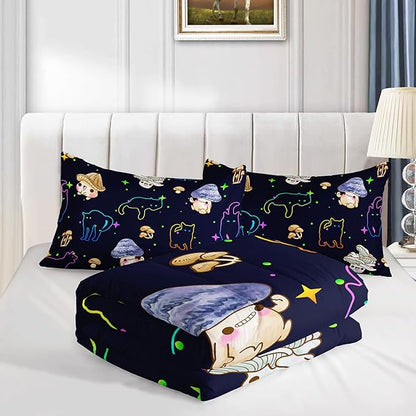 Mushroom Kawaii Cat Comforter Set Full Size Kids Mushroom Bedding Set Star Theme Quilt Bed Set for Boys Girls Adults with 1 Comforter and 2 Pillowcases