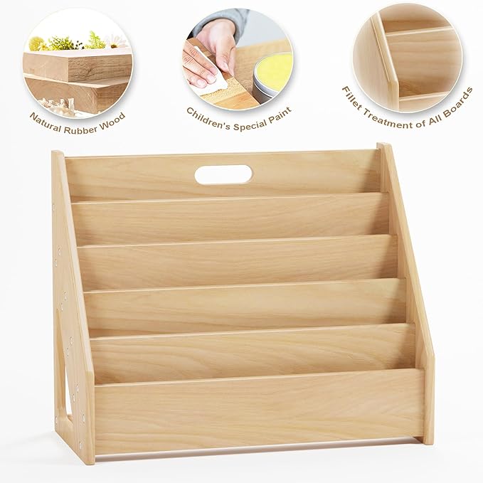 Front-Facing Montessori Bookshelf,5 Tier Book Display Shelf for Toddler,Kids Storage Magazine Rack,Solid Wood Bookcase Organizer,Perfect for Playroom,Bedroom,Study Living Room,Nursery,Classroom