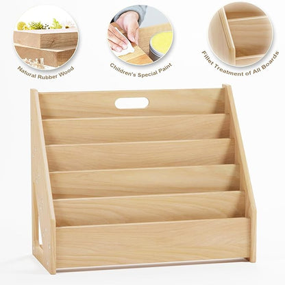 Front-Facing Montessori Bookshelf,5 Tier Book Display Shelf for Toddler,Kids Storage Magazine Rack,Solid Wood Bookcase Organizer,Perfect for Playroom,Bedroom,Study Living Room,Nursery,Classroom