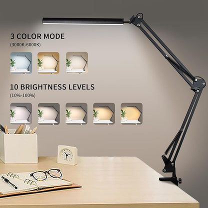 Adjustable Swing Arm Desk Lamp with Clamp, LED Desk Lamp,Dimmable Desk Light, 3 Colors 10 Brightness Adjustable Flexible Gooseneck, Architect Task Lamp for Home Office