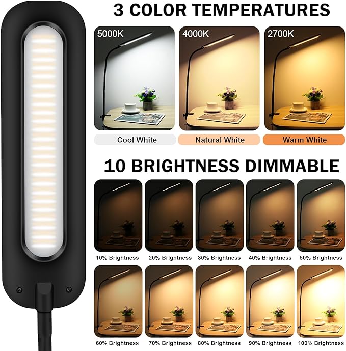 LED Desk lamps with Clamp for Home Office,High Brightness,3 Color Temperatures and Dimmable Clip On Desk Light,Flexible Gooseneck Desk Lamp with USB Adapter,Black