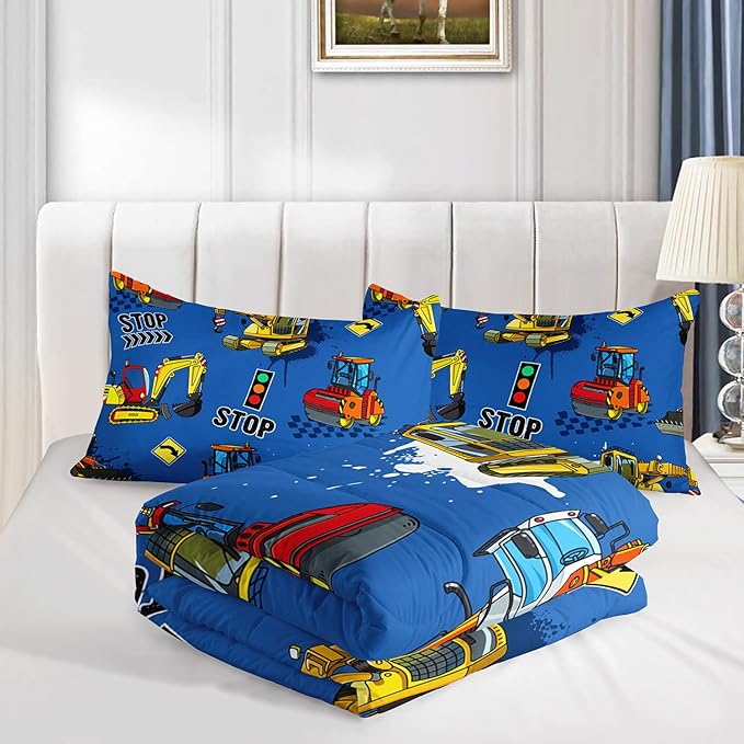 Axolotl Bedding Set, Twin, Blue Excavator, 3Pcs Boys Comforter, Polyester, All Seasons, Machine Wash, Bedding Set for Kids Children Teens Bedroom Decor