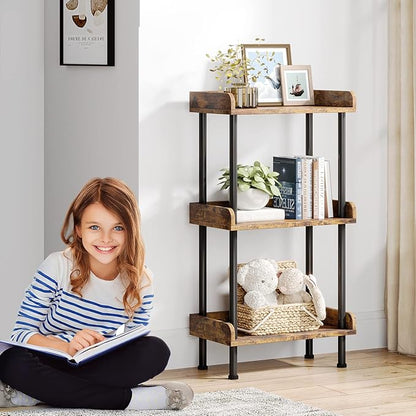 Bookshelf Small Book Shelf: 3-Tier Wood Bookcase Industrial Bookshelf Metal Standing Book Shelves Display Book Rack for Living Room Bedroom Home Office (Rustic Brown)