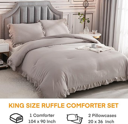 Andency Wheat Ruffled Comforter King(104x90Inch), 3 Pieces(1 Ruffle Comforter and 2 Pillowcases) Vintage Ruffle Fringe Comforter, Farmhouse Rustic Microfiber Down Alternative Bedding Comforter Set