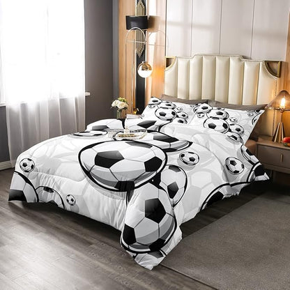 Erosebridal Boys Soccer Bedding Sets Football Down Comforter Sports Gaming Comforter Set for Kids Girls Soccer Hand Draw Quilt Set with 1 Comforter and 2 Pillow Cases Full Size Black White