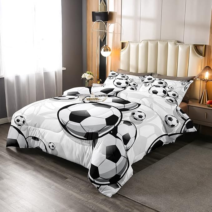 Erosebridal Boys Soccer Bedding Sets Football Down Comforter Sports Gaming Comforter Set for Kids Girls Soccer Hand Draw Quilt Set with 1 Comforter and 2 Pillow Cases King Size Black White