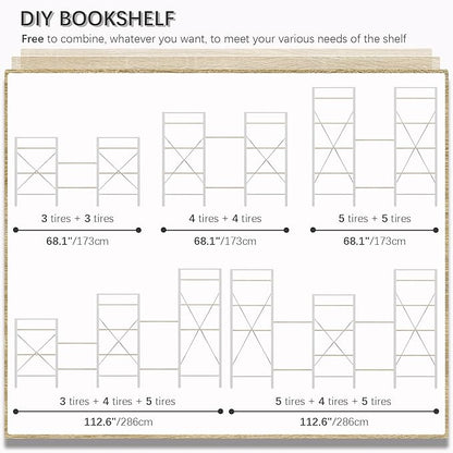 4NM Bookshelf Industrial Bookcase 5 Tier Home Office Adjustable Bookshelves Storage Shelves Organizer Vintage Book shelf Display Rack for Living Room, Bedroom,Home - Natural