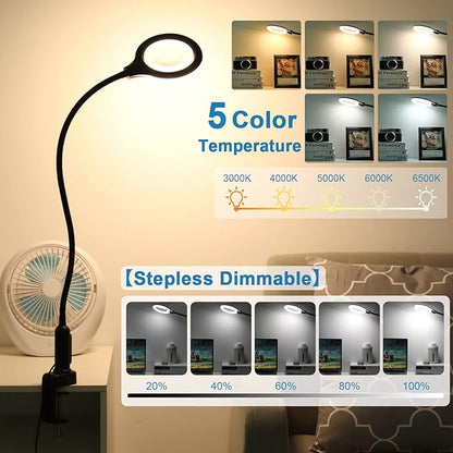 26" Gooseneck Magnifying Lamp with Clamp, 5 Color Modes Stepless Dimmable LED Desk Light with Magnifying Glass, 10X Real Glass Lighted Magnifier Hands Free for Painting Close Work Craft Hobby