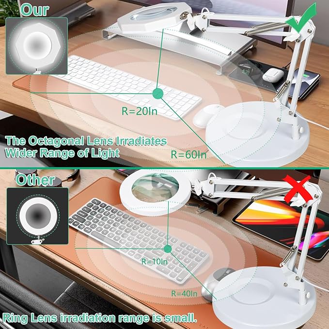 10X Magnifying Glass with Light Hand Free, HITTI 3 Color Stepless Dimmable Magnifying Lamp, 2-in-1 Lighted Deak Lamp & Clamp, Magnifier with Light and Stand for Crafts Reading Close Workbench Repair