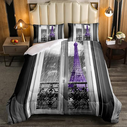 Erosebridal Purple Eiffel Tower Comforter Set Queen,vintage France Paris Bedding Set for Girls Teens Women Retro City Building Down Comforter Romantic Rainy Day Quilt Set 2 Pillow Cases Bedroom Decor