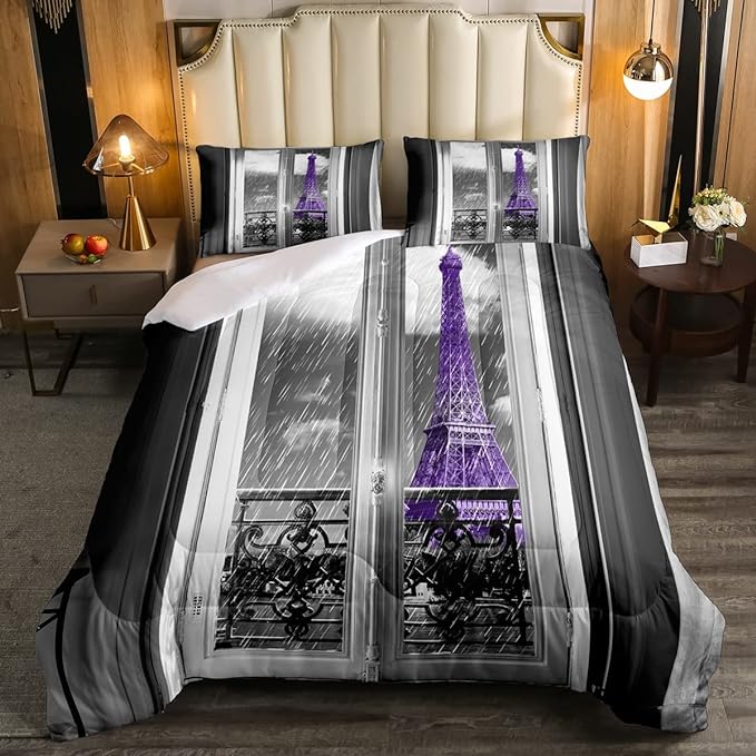Erosebridal Purple Eiffel Tower Comforter Set Twin,Vintage France Paris Bedding Set for Girls Boys Teens Women Retro City Building Down Comforter Romantic Rainy Day Quilt Pillow Case Bedroom Decor