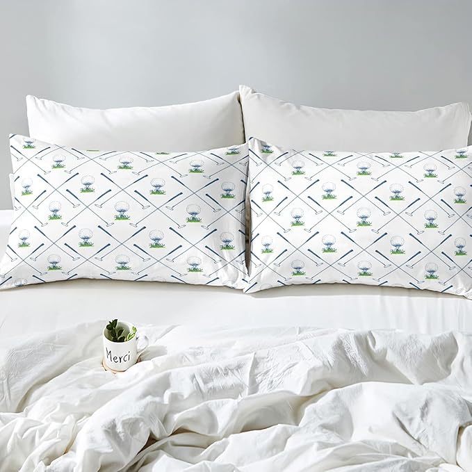 Erosebridal Golf Comforter Set Full Size Golf Club Bedding Set Sport Game Athlete Grass Leaf Branches Down Comforter for Men, Room Decorative 3 Pieces Comforter with 2 Pillow Cases, White