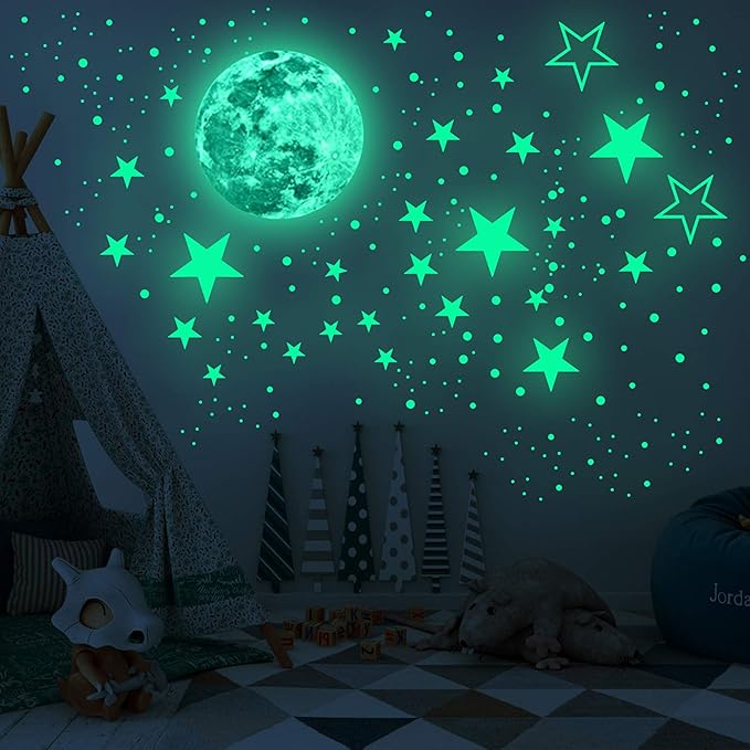 Luminous Wall Decals Ceiling Stickers Glow in The Dark Moon and Stars Starry Sky Shining Decals Room Decoration Perfect Gifts for Kids Bedroom Bedding Room, 1 Moon + 436 Stars and Dots