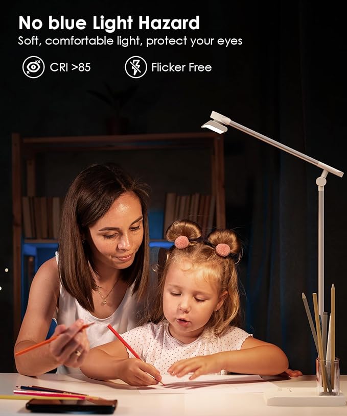 LED Desk Lamp with USB Charging Port, Eye-Caring Table Lamp, Touch Control Dimmable 5 Color Modes, 45 Min Auto-Off Timer, Foldable Study Desk Light for Home Office College Dorm & Reading
