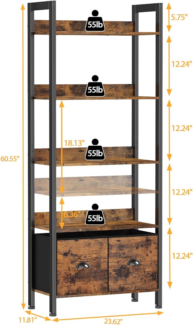 Furologee 5-Tier Bookshelf, Tall Bookcase with 2 Storage Drawers, Industrial Display Standing Shelf Units, Wood and Metal Storage Shelf for Living Room, Bedroom, Home Office, Rustic Brown