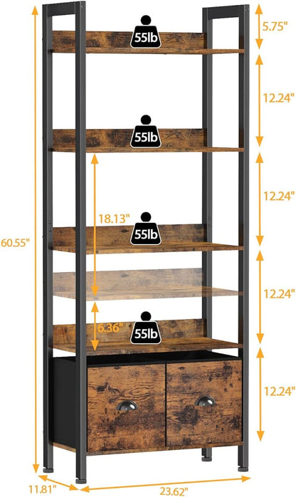 Furologee 5-Tier Bookshelf, Tall Bookcase with 2 Storage Drawers, Industrial Display Standing Shelf Units, Wood and Metal Storage Shelf for Living Room, Bedroom, Home Office, Rustic Brown