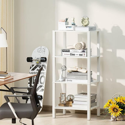 4 Tier Tall Wooden Bookshelf with Storage, Narrow Bookcase for Small Space, Small Book Shelf for Living Room, Office, Bedroom, Kitchen, Industrial, White