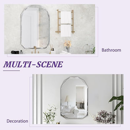 Bathroom Mirror for Wall, 24" x 36" Arched Mirror, Bathroom Vanity Mirror, Beveled Edge Frameless Wall Mount Vanity Mirrors, Wall Mirrors Decorative, Irregular Beveled Edge Mirror