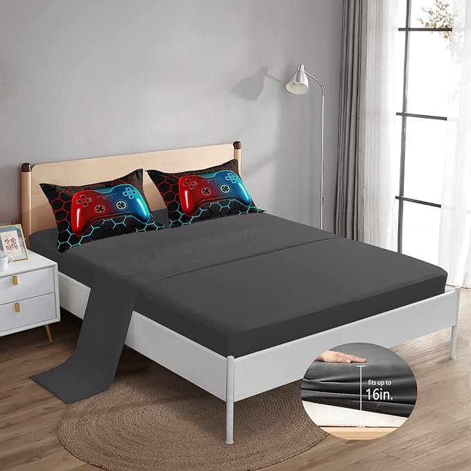 6 Pieces Bed in A Bag Gamer Bedding Set for Boys Kids Adult Gaming Comforters Set,Boys Bed in A Bag Set Queen Size Comforter with Fitted Sheet Flat Sheet Pillowcase pillowsham,DJTH5028Queen