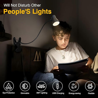 Clip on Light Reading for Bed LED Desk Lights 3 Color Modes 10 Brightness USB Lamp Eye Care 360° Flexible Gooseneck Dimmable for Headboard Computer Read Books Task Lamps with Adapter Bookmark(Black)