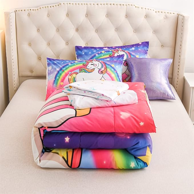 Aimuan Girls Unicorn Comforter Set 6 Pieces Pink Purple Bedding Set with Rainbow Star Galaxy Stars Fantasy Children Room Decor Soft Reversible Bed Sets for Boys/Girls/Teens (Pink-purple Twin6Pcs)