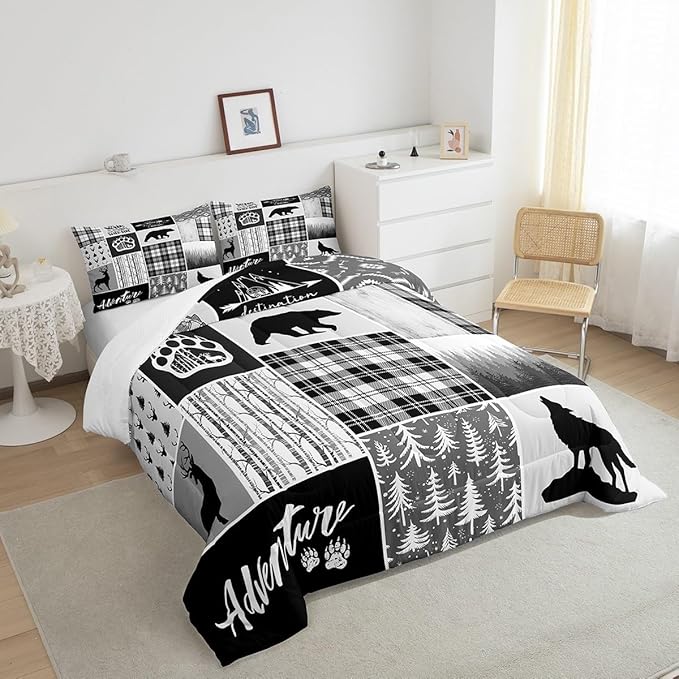 Manfei Deer Bear Comforter Set Twin Size,Pine Trees Christmas Bedding Set for Kids Boys Girls Adults Room Decor,Camping Adventure Rustic Farmhouse Down Comforter,Black Retro Duvet Insert,1 Pillowcase