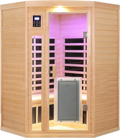 2-3 Person Infrared Sauna, 0-5mg Low EMF Infrared Saunas for Home, Indoor Home Sauna Spa, Hemlock Wooden Corner Sauna Room, Bluetooth Speakers, Chromotherapy Lights