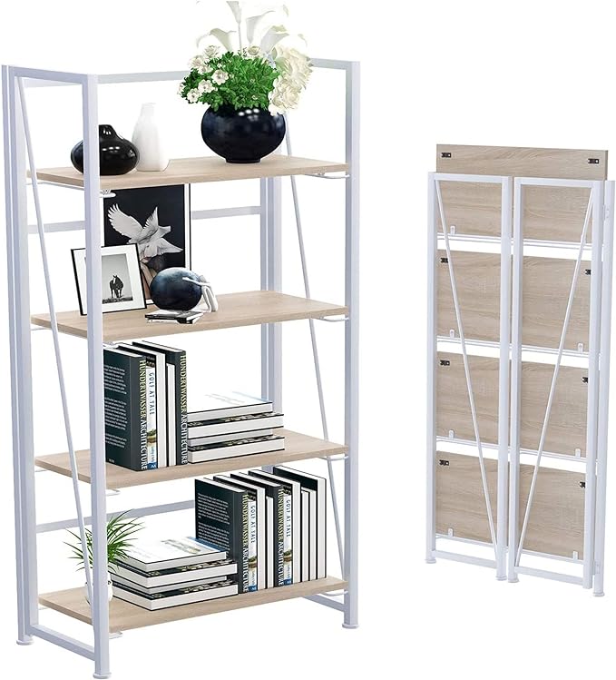 No-Assembly Folding Bookshelf Storage Shelves 4 Tiers Vintage Multifunctional Plant Flower Stand Storage Rack Shelves Bookcase for Home Office (White)