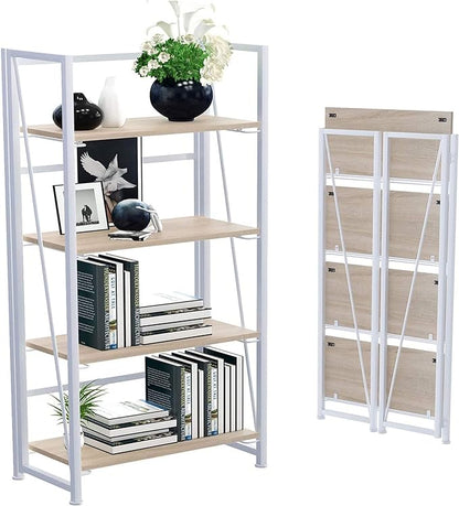 No-Assembly Folding Bookshelf Storage Shelves 4 Tiers Vintage Multifunctional Plant Flower Stand Storage Rack Shelves Bookcase for Home Office (White)
