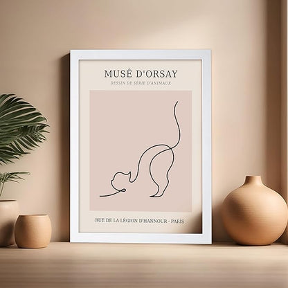 Poster Master Vintage Poster - Retro One Line Cat Drawing Print - Cat Art - Minimal Gift for Men, Women, Animal Lover - Abstract Wall Decor for Home, Office, Bedroom, 16x20 White Framed