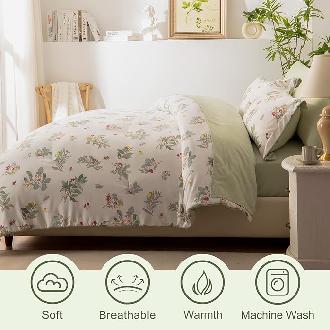 EMME Twin Comforter Set - Sage Green Floral Bedding Set 5 PCS with Flowers Leaves Pattern, Soft Plant Printed Botanical Bed Set with Sheets, Fluffy Bed Bag for All Season(68"X90")