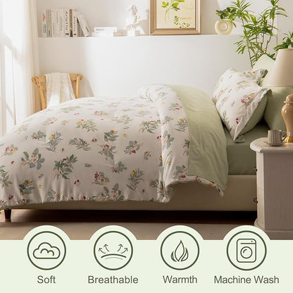 EMME Twin Comforter Set - Sage Green Floral Bedding Set 5 PCS with Flowers Leaves Pattern, Soft Plant Printed Botanical Bed Set with Sheets, Fluffy Bed Bag for All Season(68"X90")