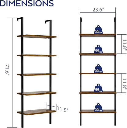 NUMENN 5 Tier Book Shelf, Industrial Ladder Shelf, Open Space Wall Mount Bookshelf with Metal Frame, Sturdy Book Shelves, Bookcase for Living Room, Home Office Shelf, Vintage Brown