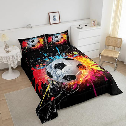 Kids Soccer Queen Size Comforter Set For Boys Football Sports Bedding Set Teen Colorful Grunge Hippie Tie Dye Quilt Comforter Red Blue Water Fire Lightning Duvet Insert Lightweight Bedroom Dorm Decor
