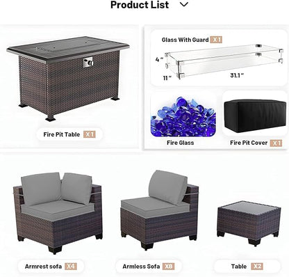 Kullavik 15PCS Outdoor Patio Furniture Set with 43" 55000BTU Gas Propane Fire Pit Table PE Wicker Rattan Sectional Sofa Patio Conversation Sets for Backyard,Grey Cushions