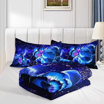 Galaxy Butterfly Comforter Set Queen Size for Girls Kids Adults Butterfly Rose Bedding Set Aesthetics Butterflies Quilt Bed Set with 1 Comforter and 2 Pillowcases